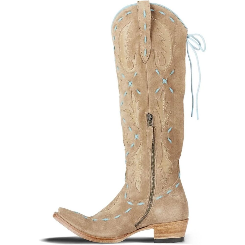 Women's Back Lace Chunky Heel Western Side Zipper Embroidered Brown Boots - Picture 7 of 7